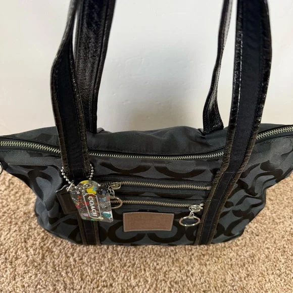 Coach 13826 Poppy Op Art Black Canvas Leather Tote Shoulder Hand Bag Purse EUC - Picture 7 of 16